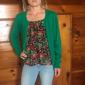 Kelly green cardigan with gold buttons
